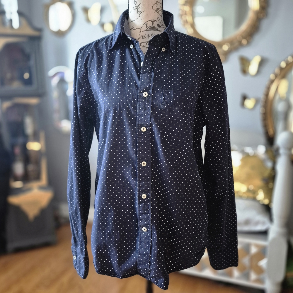 American Eagle Outfitters Dark Blue Polka Dot Long-Sleeve Shirt S/P